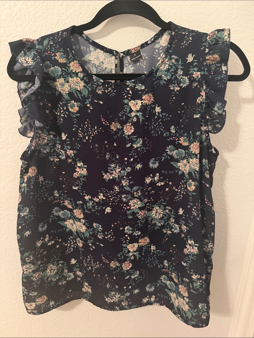 SHEIN Navy Floral Ruffle Sleeve Blouse